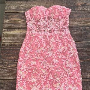 Sherri Hill Pink Strapless Floral Dress